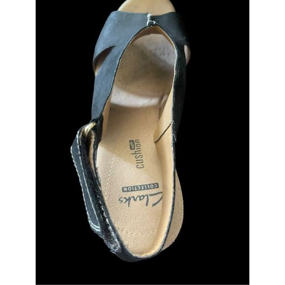 Clarks Womens Black Tan Helio Float Cork Wedge Slingback Sandal Size 8.5 - Picture 9 of 12